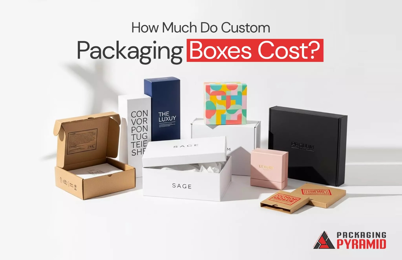 Various custom packaging boxes displayed