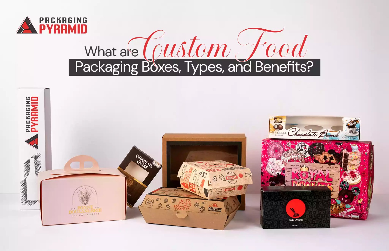 Various custom food packaging boxes displayed